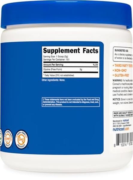 Polvo de glicina Nutricost 1 lb - Sin OMG ni gluten