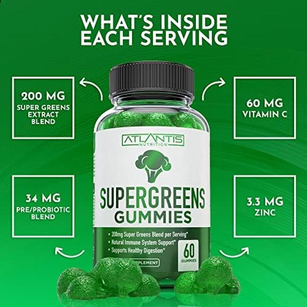 Gomitas Supergreens de Atlantis Nutrition: suplemento diario de superalimentos verdes con espinaca, brócoli, moringa, remolacha, apio, té verde y açaí para reforzar el sistema inmu