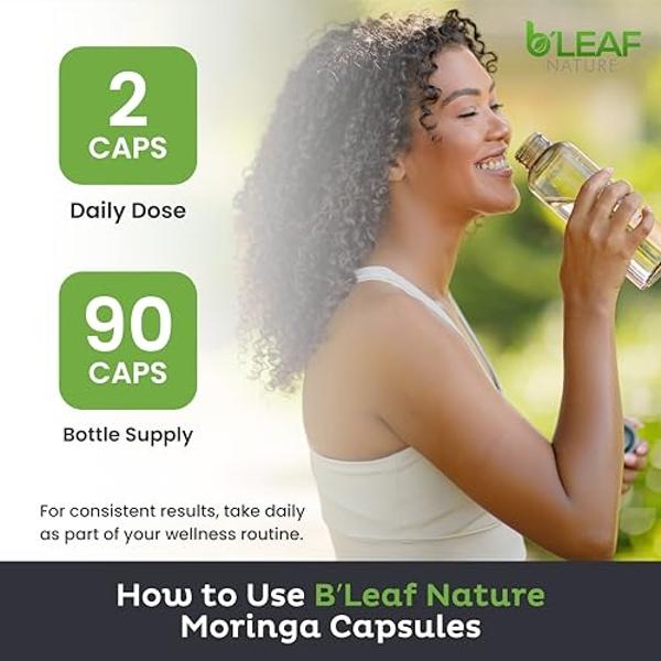 B'LEAF NATURE Moringa Oleifera Orgánica 90 Cápsulas, 1000 mg – Cápsulas de Moringa en Polvo Orgánica - Cápsulas de Hoja de Moringa Pura - Energía, Bienestar Natural y Apoyo Inmunit