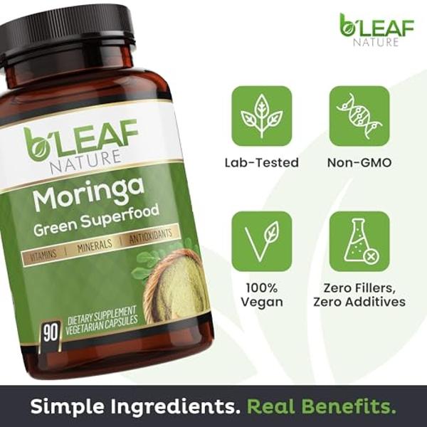 B'LEAF NATURE Moringa Oleifera Orgánica 90 Cápsulas, 1000 mg – Cápsulas de Moringa en Polvo Orgánica - Cápsulas de Hoja de Moringa Pura - Energía, Bienestar Natural y Apoyo Inmunit