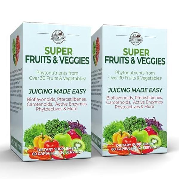 Cápsulas de Super Frutas y Verduras COUNTRY FARMS, Suplemento Alimenticio Integral, Potente Antioxidante, Favorece la Energía, la Salud Inmunitaria y la Digestiva, 30 Super Aliment