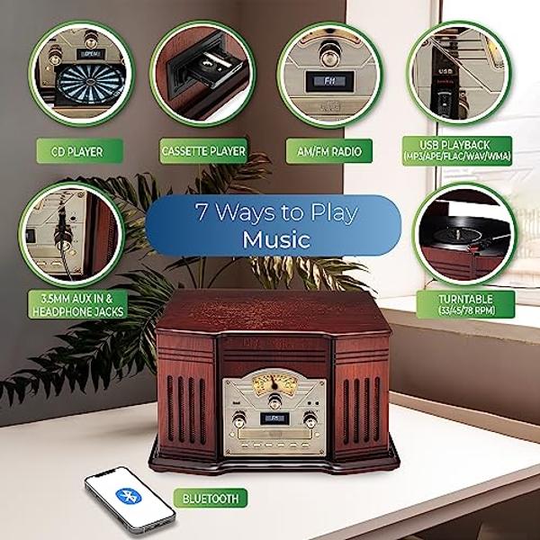 Tocadiscos todo en uno ClearClick con reproductor de discos de 3 velocidades, Bluetooth, CD, casete, radio AM/FM, entrada auxiliar, USB, altavoces integrados y exterior de madera h