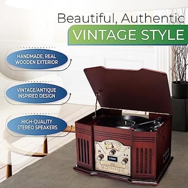 Tocadiscos todo en uno ClearClick con reproductor de discos de 3 velocidades, Bluetooth, CD, casete, radio AM/FM, entrada auxiliar, USB, altavoces integrados y exterior de madera h