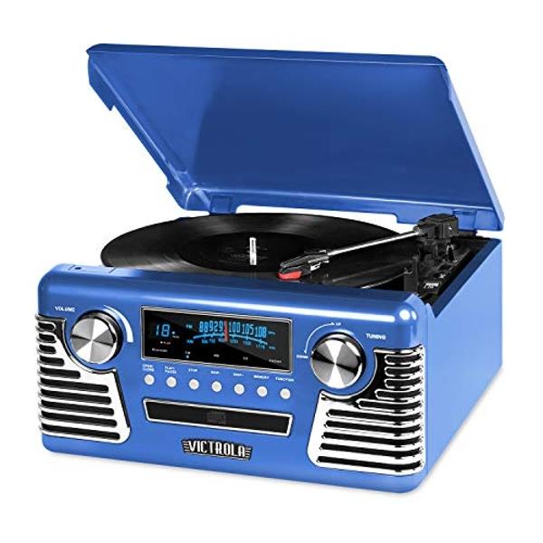 Tocadiscos y centro multimedia Victrola retro de los años 50 con Bluetooth y altavoces integrados: tocadiscos de 3 velocidades, reproductor de CD y radio AM/FM | Transmisión de mús