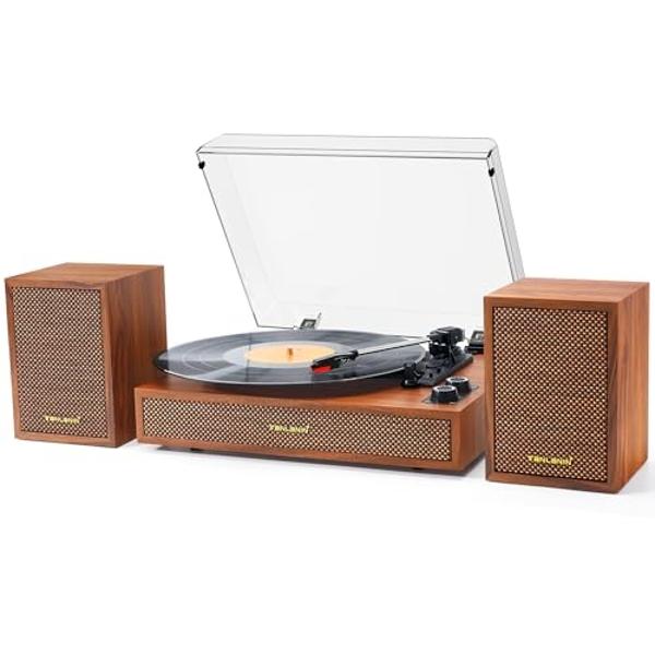 Tocadiscos de vinilo con altavoces externos de estantería, tocadiscos estéreo Bluetooth vintage de 33-1/3" (45-78 RPM), sistema de transmisión por correa, cubierta antipolvo, parad
