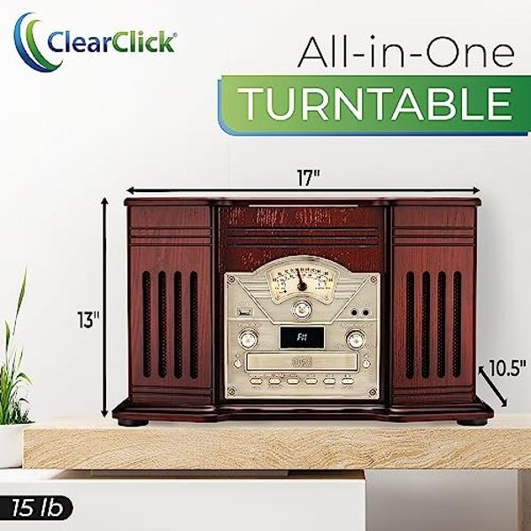 Tocadiscos todo en uno ClearClick con reproductor de discos de 3 velocidades, Bluetooth, CD, casete, radio AM/FM, entrada auxiliar, USB, altavoces integrados y exterior de madera h