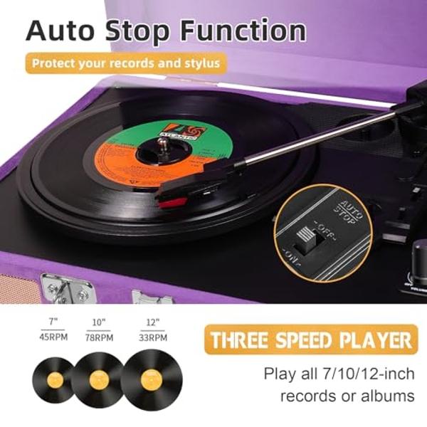 Tocadiscos de vinilo Velvet - Tocadiscos vintage portátil con estuche de maleta, 33, 45 y 78 RPM, con grabación USB, Bluetooth, altavoces integrados, transmisión por correa, color 