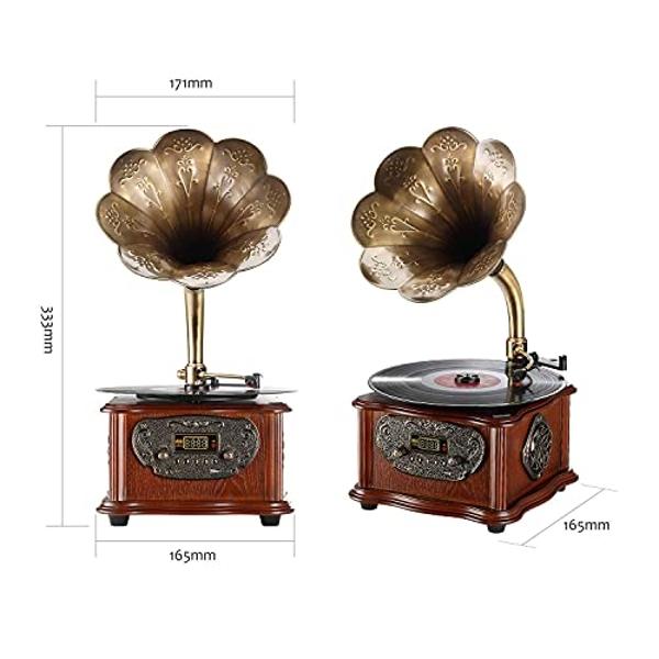 Tocadiscos retro LuguLake, todo en uno, fonógrafo vintage nostálgico para LP con bocina de cobre y altavoz incorporado, entrada auxiliar/USB de 3,5 mm.