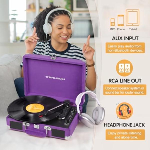 Tocadiscos de vinilo Velvet - Tocadiscos vintage portátil con estuche de maleta, 33, 45 y 78 RPM, con grabación USB, Bluetooth, altavoces integrados, transmisión por correa, color 