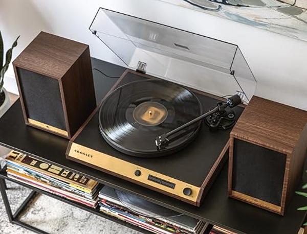 Tocadiscos de vinilo con altavoces externos de estantería, tocadiscos estéreo Bluetooth vintage de 33-1/3" (45-78 RPM), sistema de transmisión por correa, cubierta antipolvo, parad
