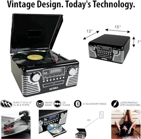 Tocadiscos y centro multimedia Victrola retro de los años 50 con Bluetooth y altavoces integrados: tocadiscos de 3 velocidades, reproductor de CD y radio AM/FM | Transmisión de mús
