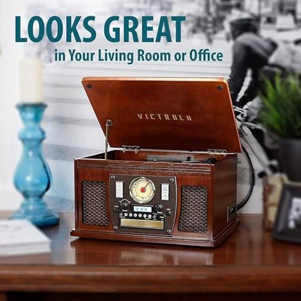 Tocadiscos y centro multimedia Victrola Aviator 8 en 1 con Bluetooth y altavoces estéreo integrados. Tocadiscos de 3 velocidades, grabación de vinilo a MP3 y transmisión inalámbric
