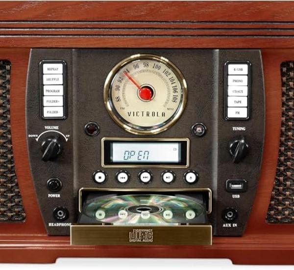 Tocadiscos y centro multimedia Victrola Aviator 8 en 1 con Bluetooth y altavoces estéreo integrados. Tocadiscos de 3 velocidades, grabación de vinilo a MP3 y transmisión inalámbric