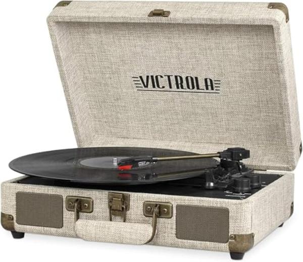 Tocadiscos portátil Victrola Vintage de 3 velocidades con Bluetooth y altavoces integrados | Sonido de tocadiscos mejorado | Incluye aguja adicional | Lino beige claro