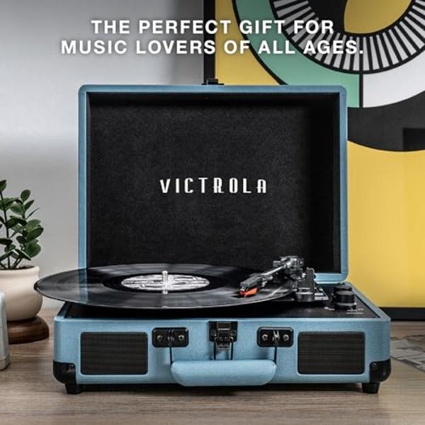 Tocadiscos portátil Victrola Vintage de 3 velocidades con Bluetooth y altavoces integrados | Sonido de tocadiscos mejorado | Incluye aguja adicional | Lino beige claro
