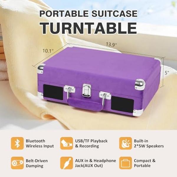 Tocadiscos de vinilo Velvet - Tocadiscos vintage portátil con estuche de maleta, 33, 45 y 78 RPM, con grabación USB, Bluetooth, altavoces integrados, transmisión por correa, color 