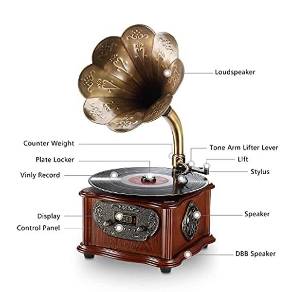 Tocadiscos retro LuguLake, todo en uno, fonógrafo vintage nostálgico para LP con bocina de cobre y altavoz incorporado, entrada auxiliar/USB de 3,5 mm.