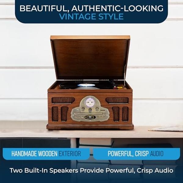Tocadiscos todo en uno SoundBeast con reproductor de discos de 3 velocidades, Bluetooth, CD, casete, radio AM/FM, USB, altavoces integrados y exterior de madera hecho a mano.