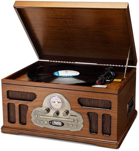 Tocadiscos todo en uno SoundBeast con reproductor de discos de 3 velocidades, Bluetooth, CD, casete, radio AM/FM, USB, altavoces integrados y exterior de madera hecho a mano.