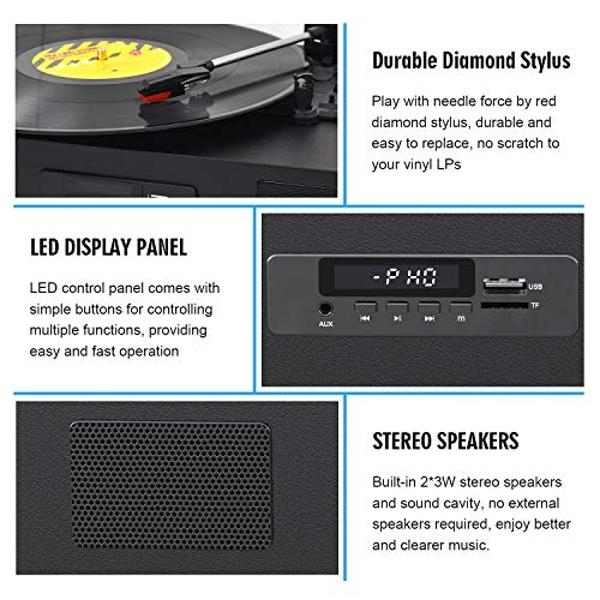 Tocadiscos Bluetooth con altavoz integrado, grabación USB de audio y música, tocadiscos portátil vintage para discos de vinilo, 3 velocidades, reproductor de discos LP, color negro