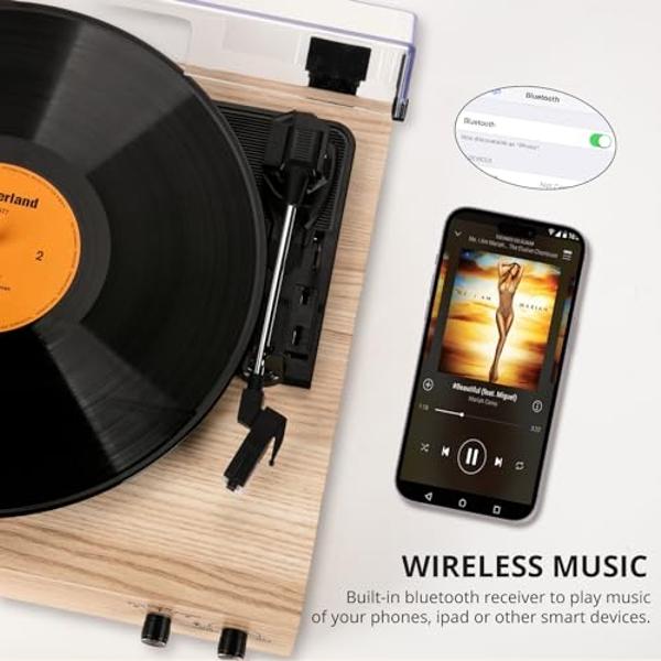 Tocadiscos de vinilo, altavoces externos RetroBeat, reproductor de LP vintage con Bluetooth de 3 velocidades, tocadiscos de correa con altavoces estéreo, reproducción inalámbrica y