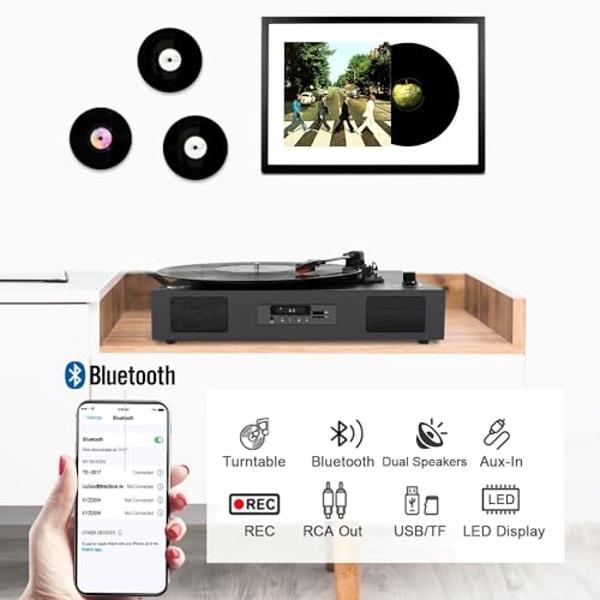 Tocadiscos Bluetooth con altavoz integrado, grabación USB de audio y música, tocadiscos portátil vintage para discos de vinilo, 3 velocidades, reproductor de discos LP, color negro