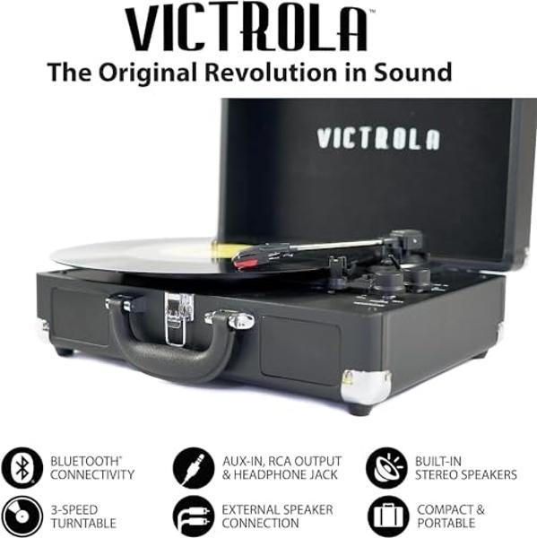 Tocadiscos de vinilo Velvet - Tocadiscos vintage portátil con estuche de maleta, 33, 45 y 78 RPM, con grabación USB, Bluetooth, altavoces integrados, transmisión por correa, color 