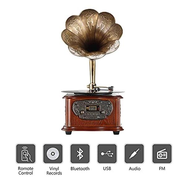 Tocadiscos retro LuguLake, todo en uno, fonógrafo vintage nostálgico para LP con bocina de cobre y altavoz incorporado, entrada auxiliar/USB de 3,5 mm.