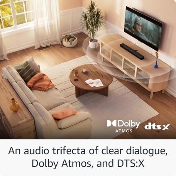 Barra de sonido Amazon Fire TV Plus con subwoofer y altavoces de sonido envolvente (modelo más reciente), 5.1 canales, Dolby Atmos, diálogos claros