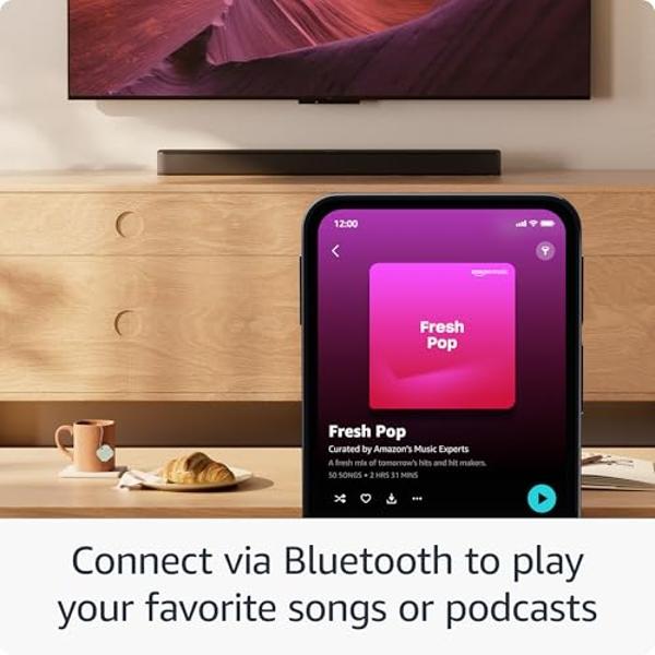 Barra de sonido Amazon Fire TV Plus con subwoofer y altavoces de sonido envolvente (modelo más reciente), 5.1 canales, Dolby Atmos, diálogos claros