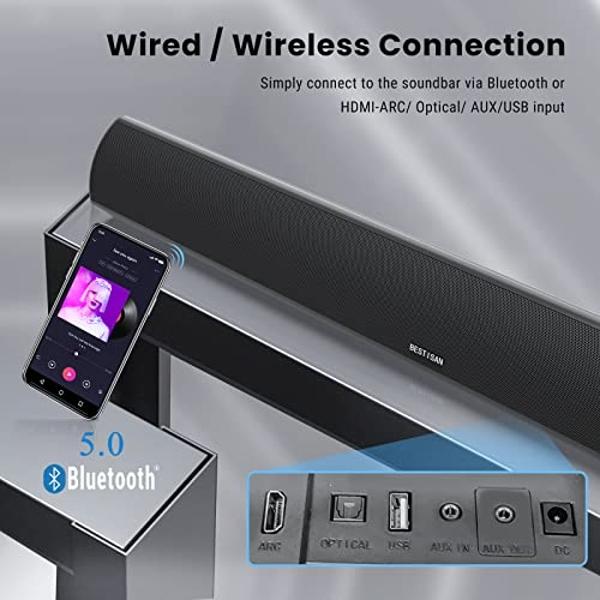 Barra de sonido Bestisan de 80 W para cine en casa con función HDMI-ARC, altavoz Bluetooth 5.0 con cable e inalámbrico (agudos y graves ajustables, 34 pulgadas, montaje en pared)