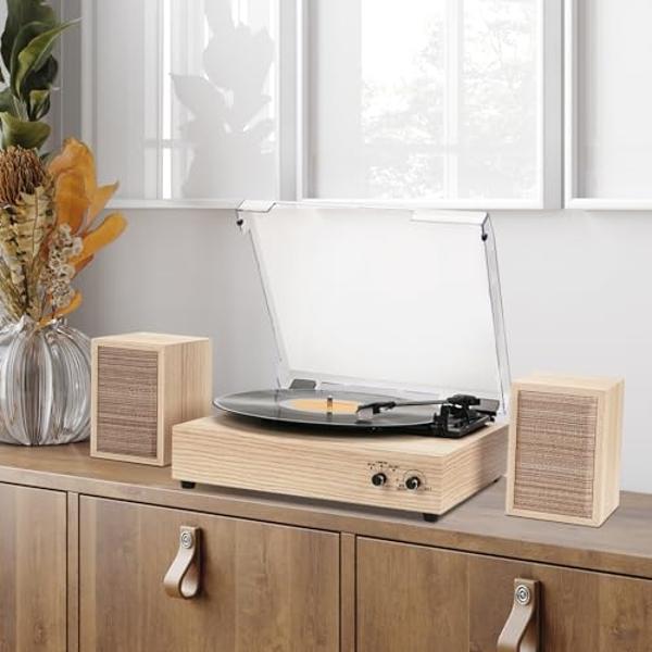 Tocadiscos de vinilo, altavoces externos RetroBeat, reproductor de LP vintage con Bluetooth de 3 velocidades, tocadiscos de correa con altavoces estéreo, reproducción inalámbrica y