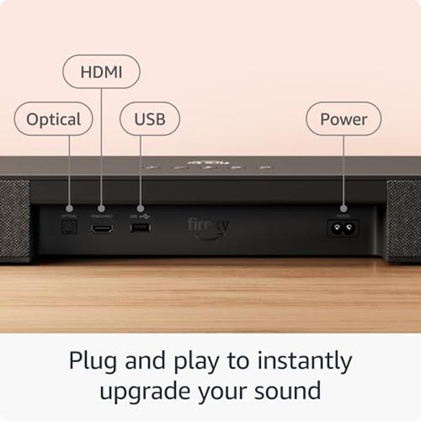 Barra de sonido Amazon Fire TV Plus con subwoofer y altavoces de sonido envolvente (modelo más reciente), 5.1 canales, Dolby Atmos, diálogos claros
