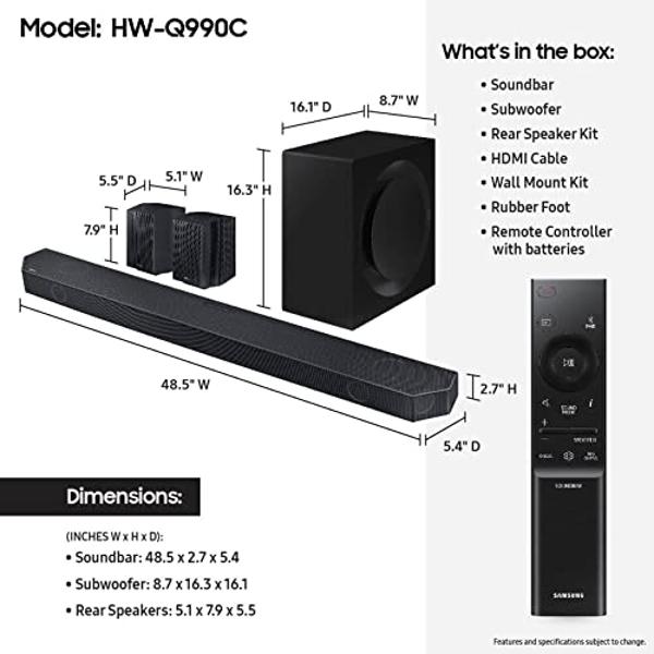 Barra de sonido SAMSUNG HW-Q990C de 11.1.4 canales con Dolby Audio inalámbrico, altavoces traseros incluidos con Q-Symphony, SpaceFit Sound Pro, sonido adaptativo, Game Mode Pro, A