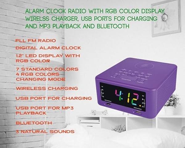 Radio despertador HANNLOMAX HX-206Wi con cargador inalámbrico, pantalla a color RGB, puerto USB para carga y reproducción de MP3, Bluetooth, sonidos relajantes para dormir, entrada