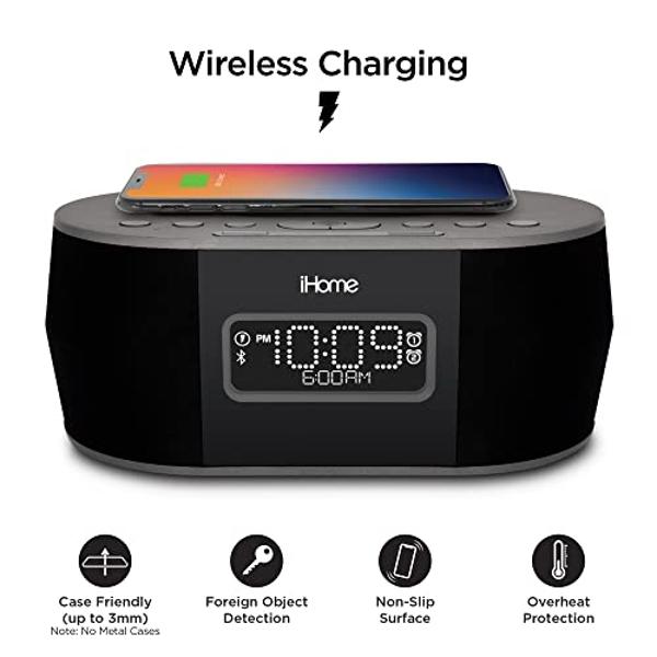 Reloj despertador iHome para dormitorio con cargador inalámbrico, altavoz Bluetooth y cargador USB para iPhone, Android y más (iBTW38)