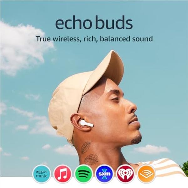 Amazon Echo Buds (modelo más reciente), auriculares inalámbricos Bluetooth 5.2 con Alexa, personalización de audio, multipunto, batería de 20 horas con estuche de carga, carga rápi