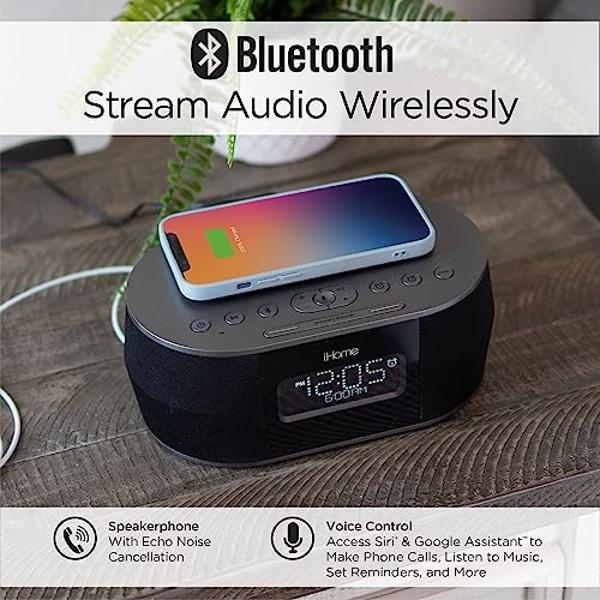Reloj despertador iHome para dormitorio con cargador inalámbrico, altavoz Bluetooth y cargador USB para iPhone, Android y más (iBTW38)