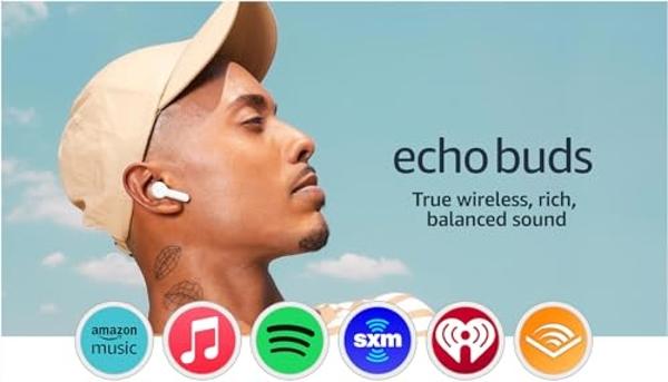 Amazon Echo Buds (modelo más reciente), auriculares inalámbricos Bluetooth 5.2 con Alexa, personalización de audio, multipunto, batería de 20 horas con estuche de carga, carga rápi