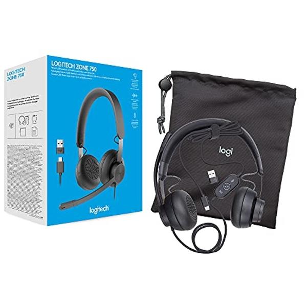 Auriculares supraurales con cable Logitech Zone 750 con micrófono con cancelación de ruido avanzada, USB-C simple y adaptador USB-A incluido, compatibilidad Plug and Play para todo
