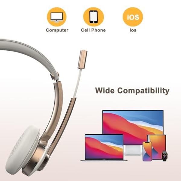 Auriculares Bluetooth Vonztek con micrófono, inalámbricos con cancelación de ruido, 26 horas de conversación, supraaurales con micrófono silenciado para Mac, portátiles, Zoom, Team