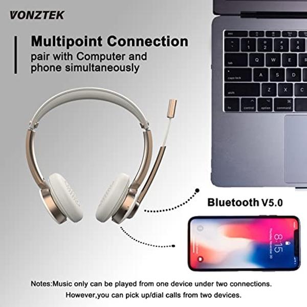 Auriculares Bluetooth Vonztek con micrófono, inalámbricos con cancelación de ruido, 26 horas de conversación, supraaurales con micrófono silenciado para Mac, portátiles, Zoom, Team