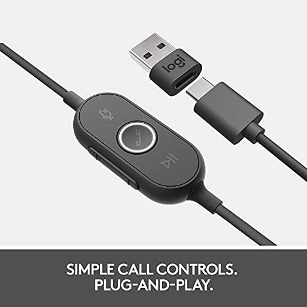 Auriculares supraurales con cable Logitech Zone 750 con micrófono con cancelación de ruido avanzada, USB-C simple y adaptador USB-A incluido, compatibilidad Plug and Play para todo