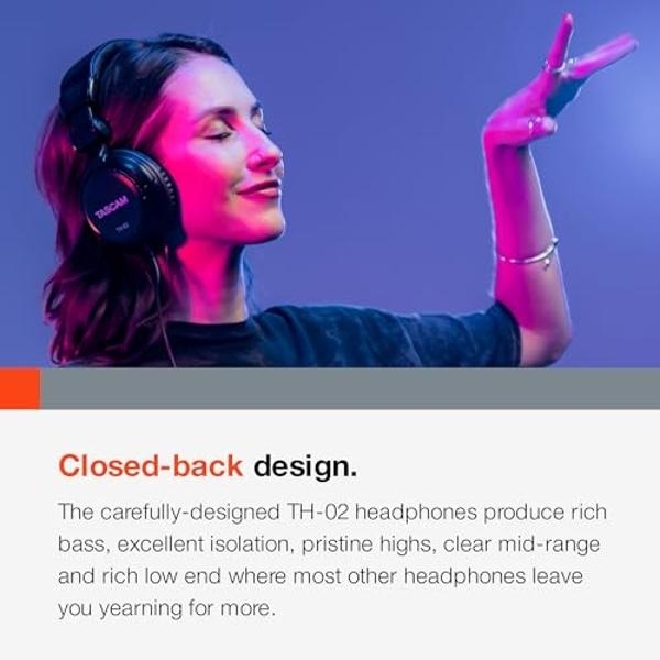Auriculares profesionales de monitorización de estudio TASCAM TH-02, con cable y supraaurales, para grabación, podcasts, DJ, música y guitarra, con adaptador de jack de 1/4 de pulg