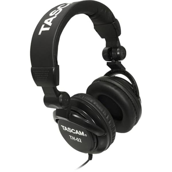 Auriculares profesionales de monitorización de estudio TASCAM TH-02, con cable y supraaurales, para grabación, podcasts, DJ, música y guitarra, con adaptador de jack de 1/4 de pulg