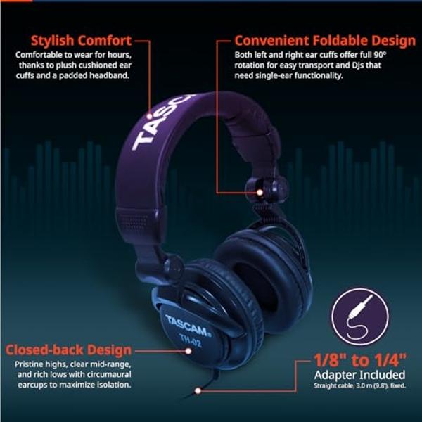 Auriculares profesionales de monitorización de estudio TASCAM TH-02, con cable y supraaurales, para grabación, podcasts, DJ, música y guitarra, con adaptador de jack de 1/4 de pulg