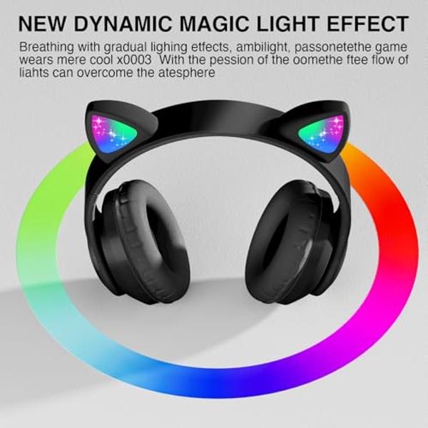 Auriculares Bluetooth con cancelación de ruido para niños KERHAND. Auriculares plegables con forma de gato y luz LED. Auriculares con orejas de gato para niños pequeños con micrófo