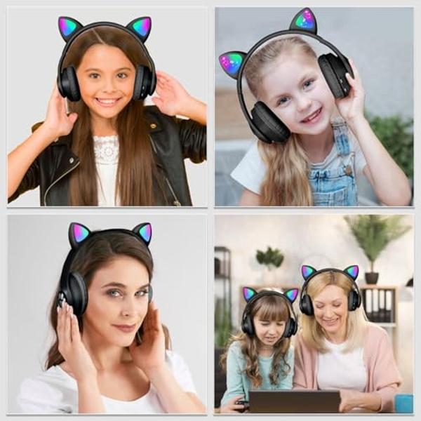 Auriculares Bluetooth con cancelación de ruido para niños KERHAND. Auriculares plegables con forma de gato y luz LED. Auriculares con orejas de gato para niños pequeños con micrófo