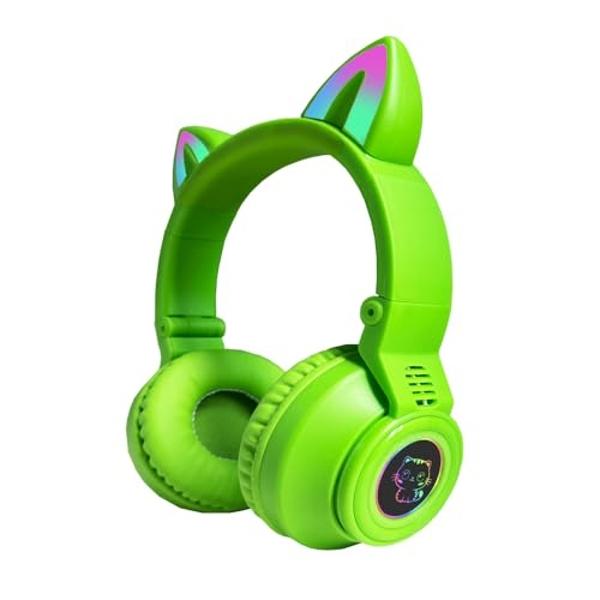 Auriculares Bluetooth con cancelación de ruido para niños KERHAND. Auriculares plegables con forma de gato y luz LED. Auriculares con orejas de gato para niños pequeños con micrófo