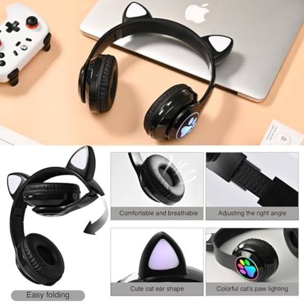 Auriculares Bluetooth con cancelación de ruido para niños KERHAND. Auriculares plegables con forma de gato y luz LED. Auriculares con orejas de gato para niños pequeños con micrófo